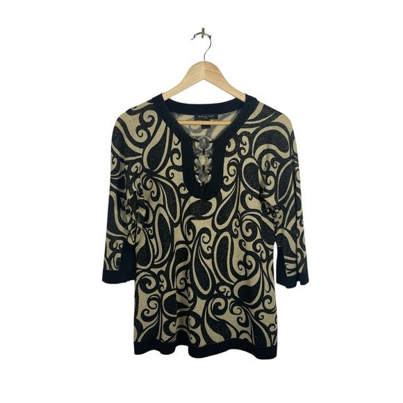 VINTAGE August Silk Knits Metallic Paisley Blouse in Black/Gold Size L - Picture 3 of 11
